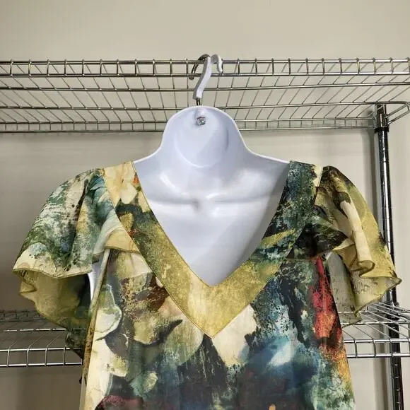 Sunny Leigh Women's Green Yellow Watercolors Blouse Size L Boho Art To Wear - Picture 13 of 13